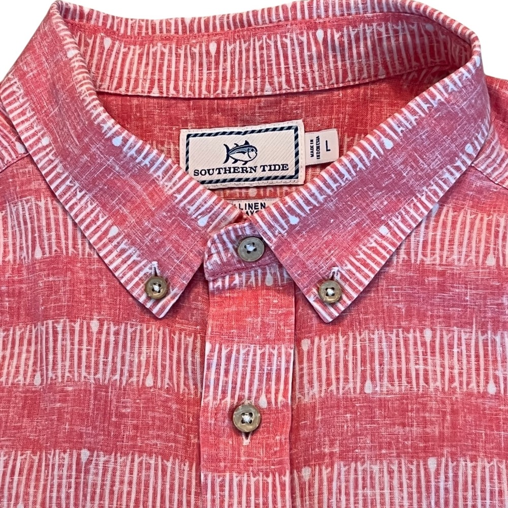 Southern Tide Edgewater Linen Blend Short Sleeve Shirt Mens Large Pink‎